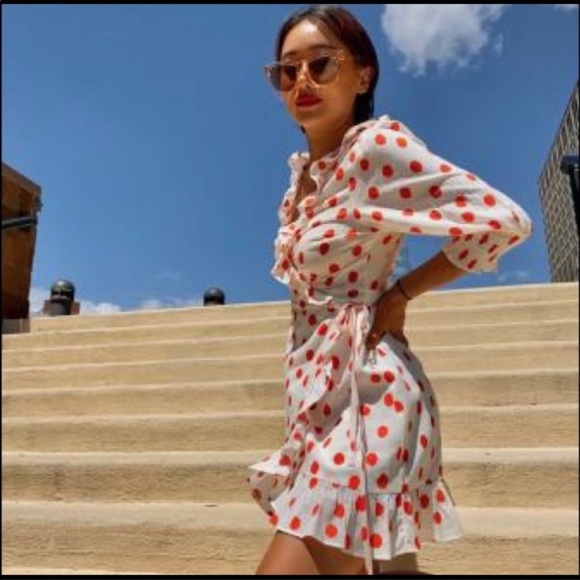 Rixo Polka Dot Puff Sleeve Ruffle Wrap Dress - Picture 2 of 7